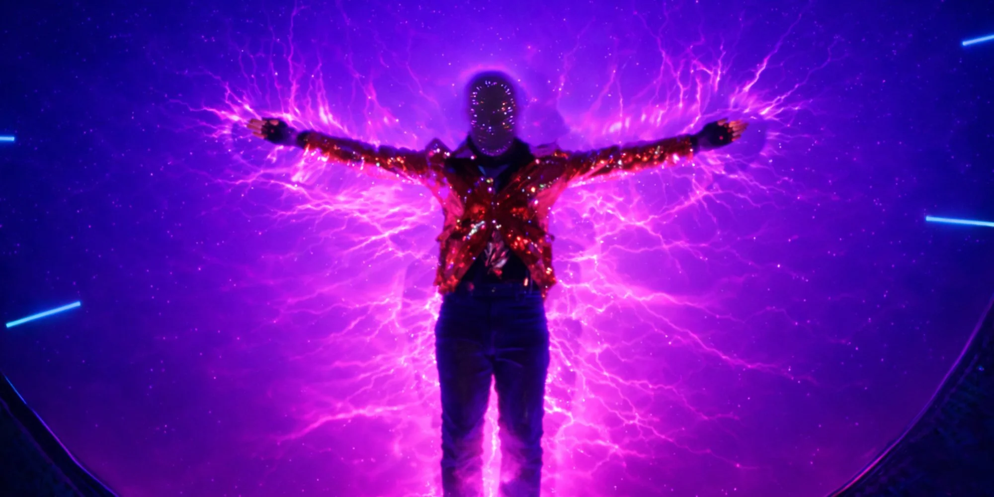 Masked performer suspended in glowing violet energy, arms extended beneath a dramatic neon cosmic sky.