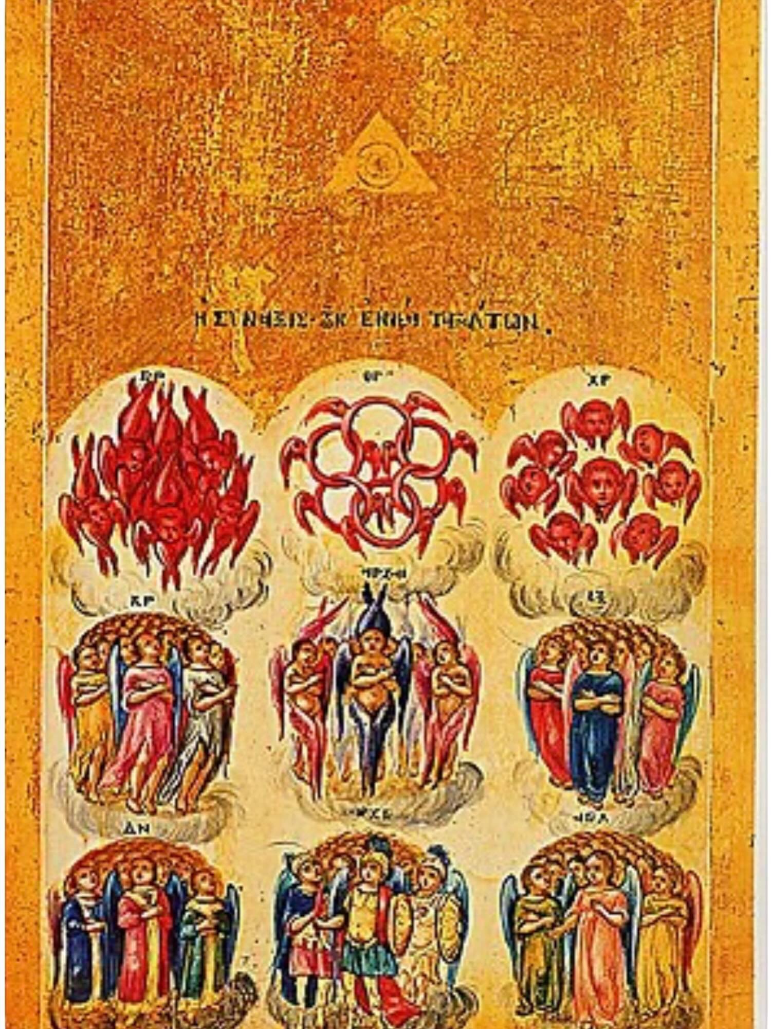 For anyone interested in Angels this ancient art depicts 9 orders of heavenly beings or Angels.
Notice the top three orders appear as Creatures or orbs with wings.
Over 3000 people have Witnessed one  or more of them with me and my children.
If you t