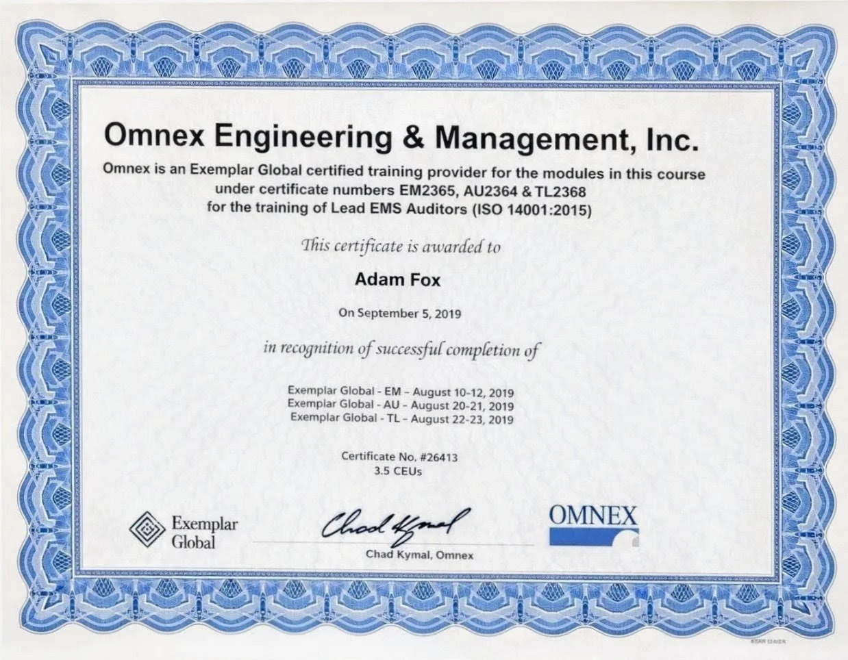 Certificate of completion awarded to Adam Fox by Omnex Engineering & Management Inc., recognizing successful completion of a training course in August 2019 with a total of 3.5 CEUs, signed by Chad Kyrmal.