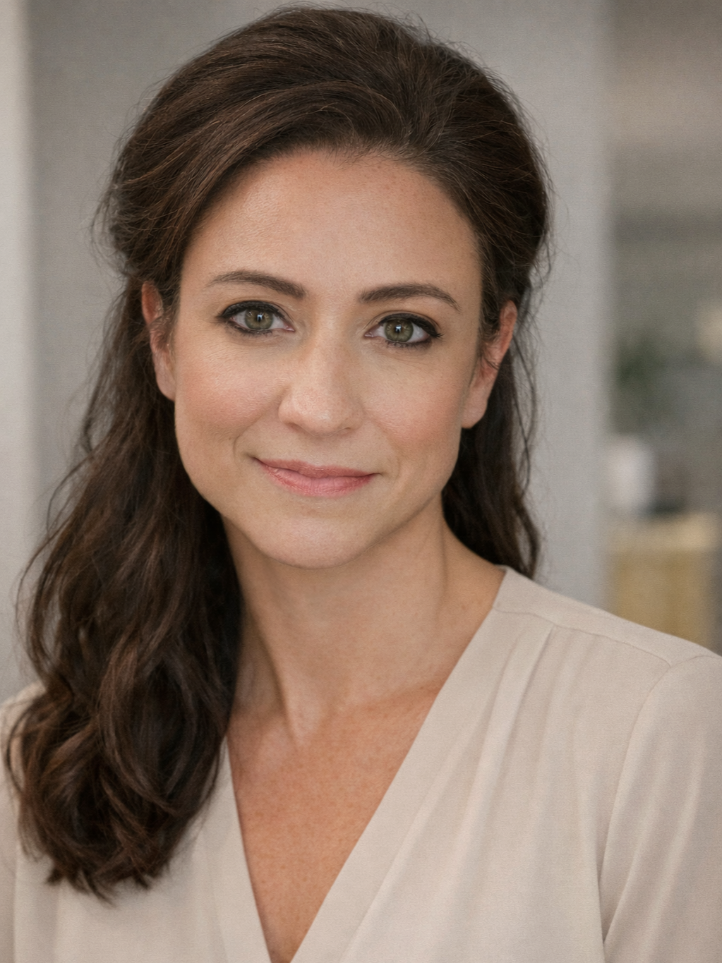 A woman with long, wavy brown hair wearing a light beige top, smiling softly in an indoor setting.