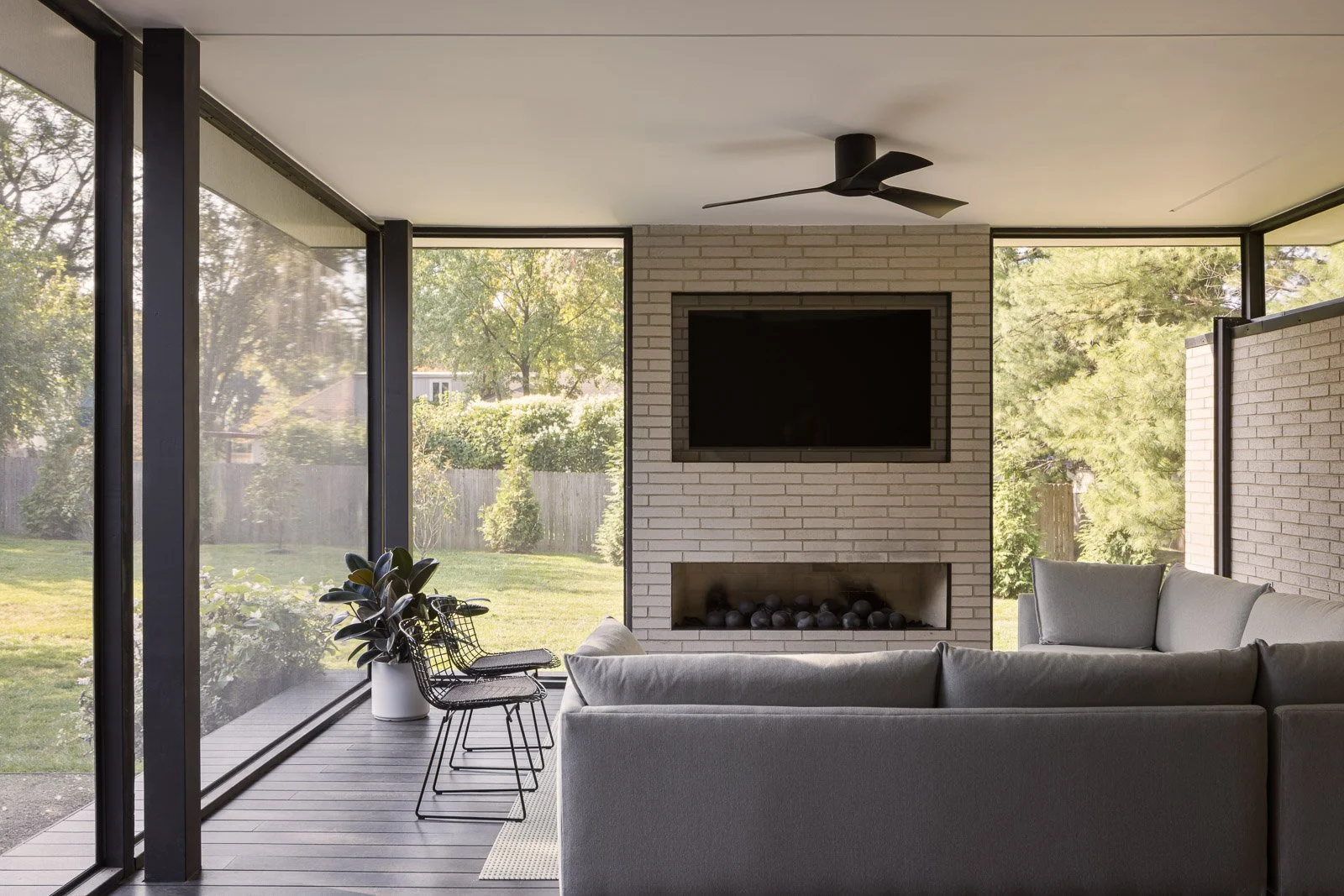 Exterior space at Prairie Light showing spatial flow, material contrasts, and natural lighting