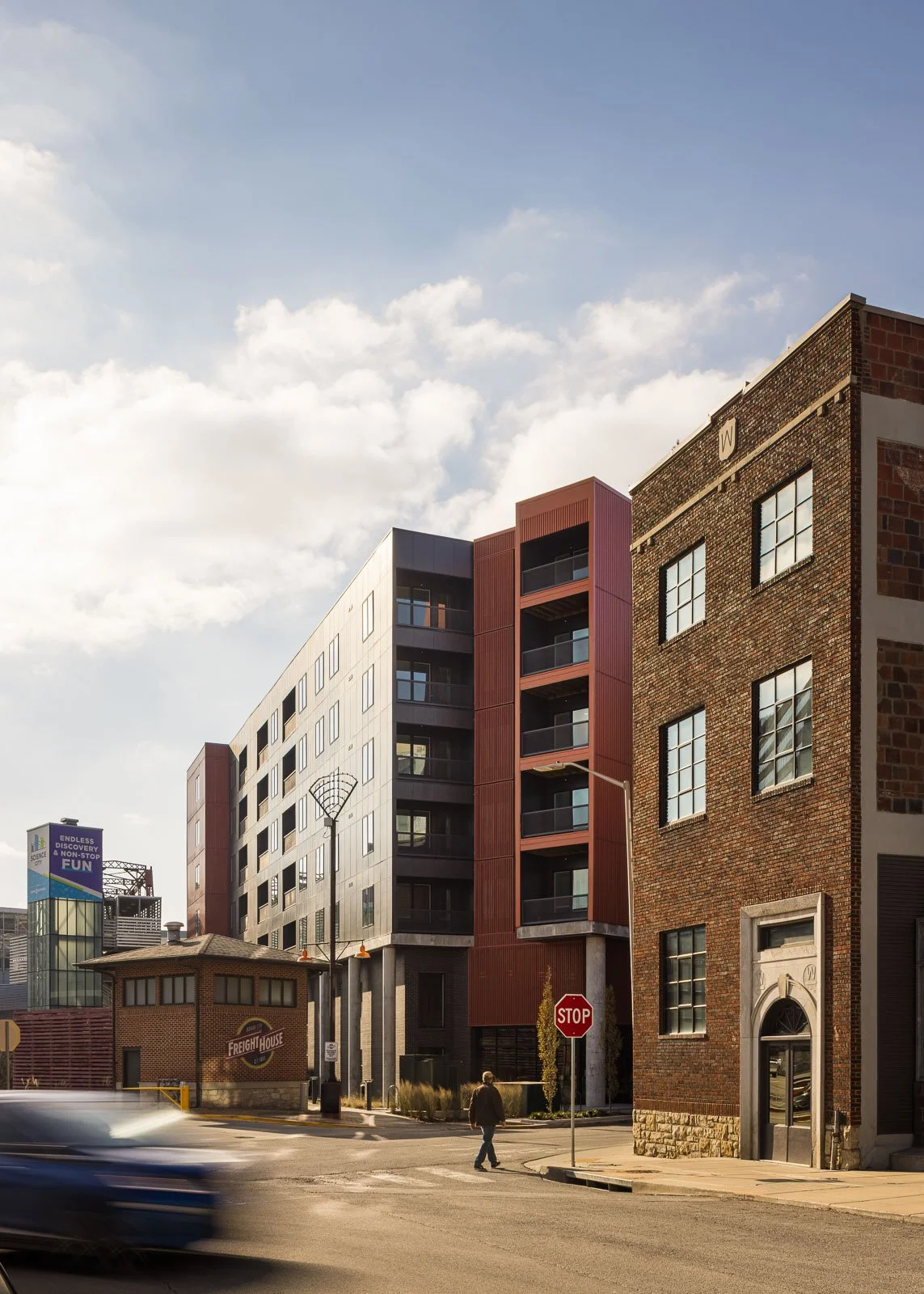 Side exterior angle emphasizing building form and structural details in architectural photography.