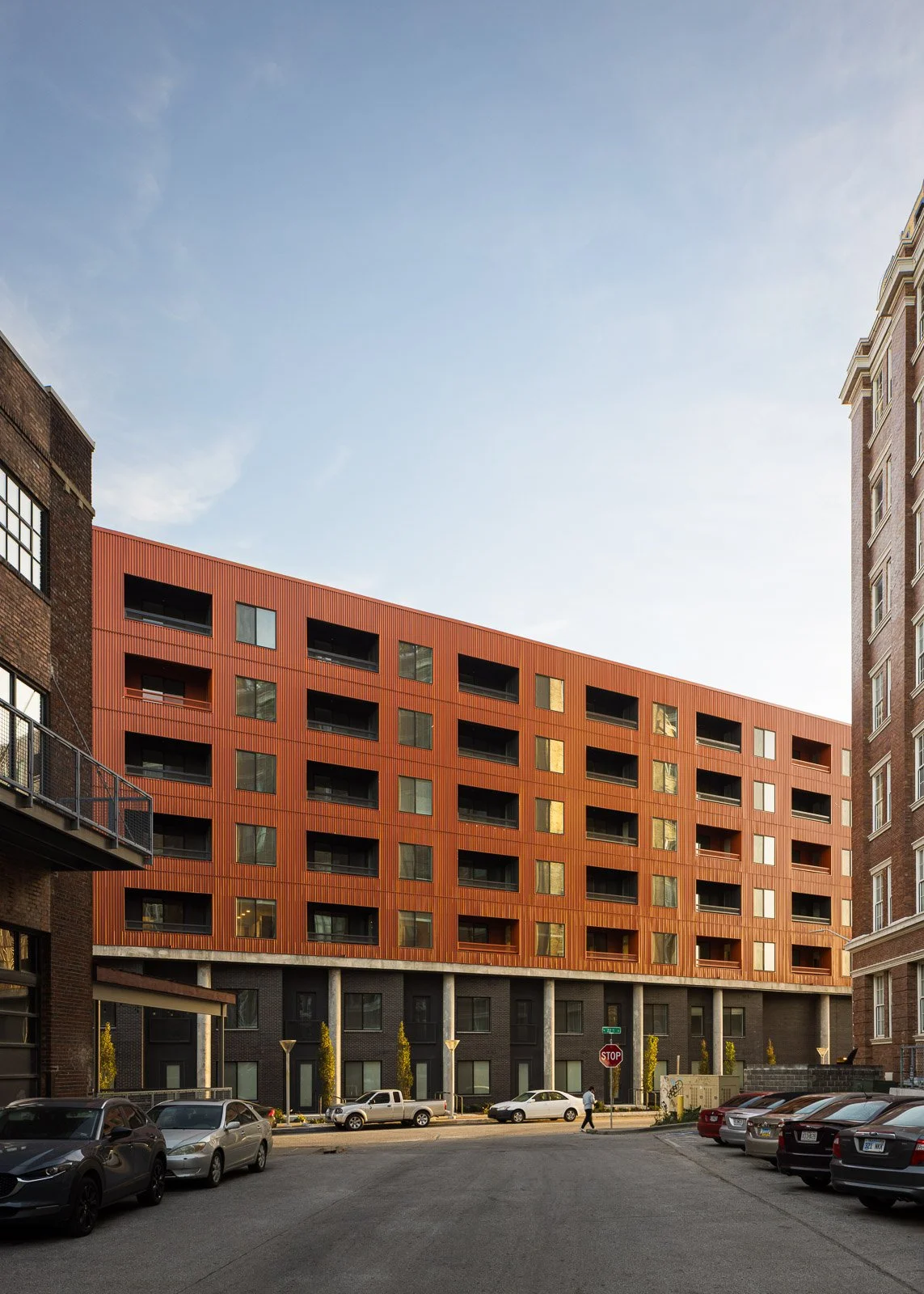 Exterior detail highlighting materials, light, and design in Tracks commercial architecture.