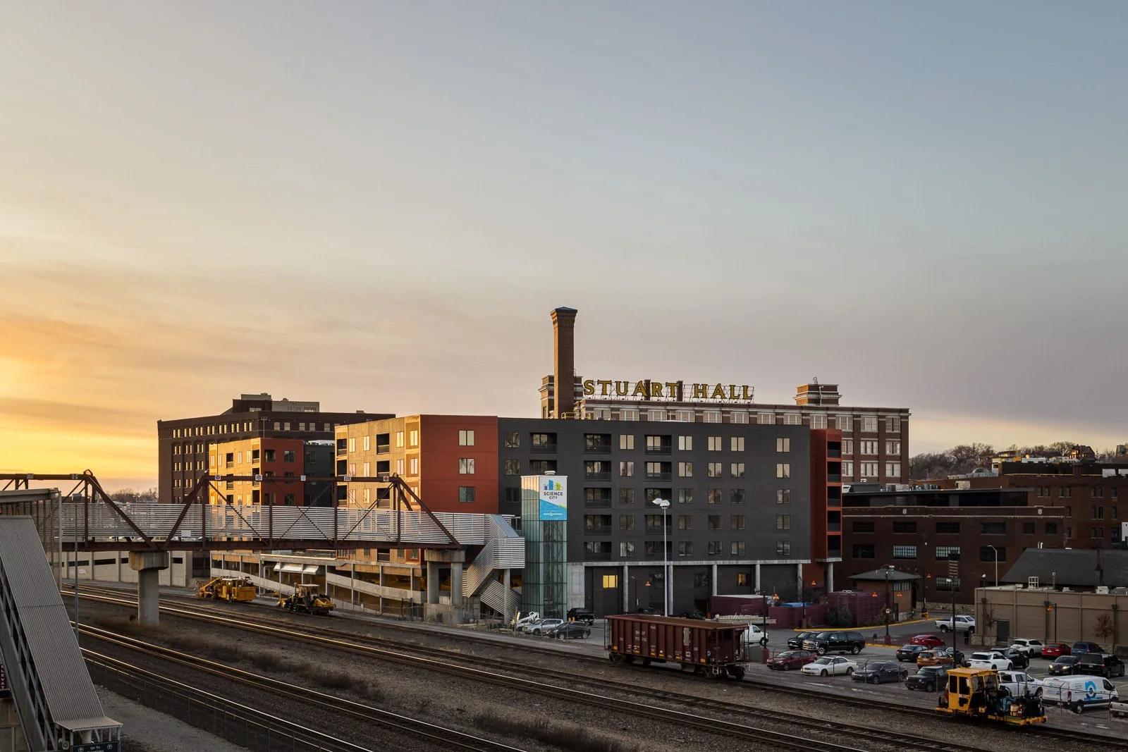 Front exterior view of Tracks commercial architecture photographed to highlight the building façade, entrance, and design details.