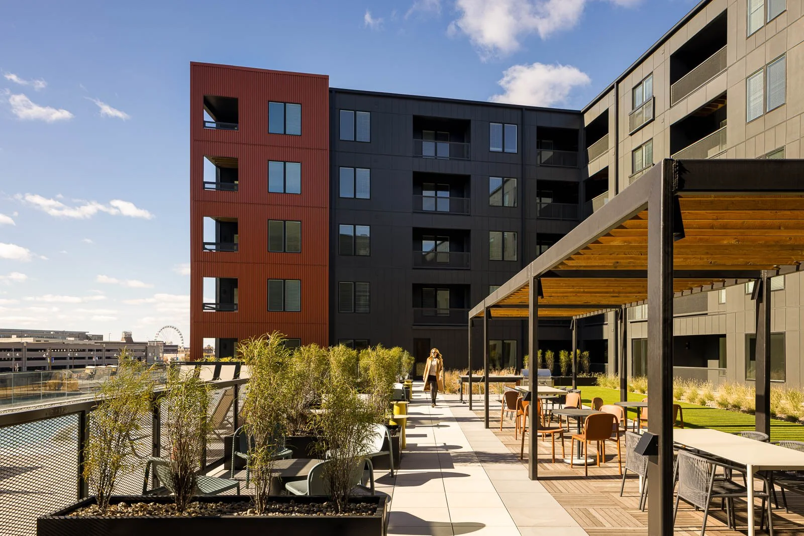 Exterior angle emphasizing geometry and composition of Tracks commercial architecture.