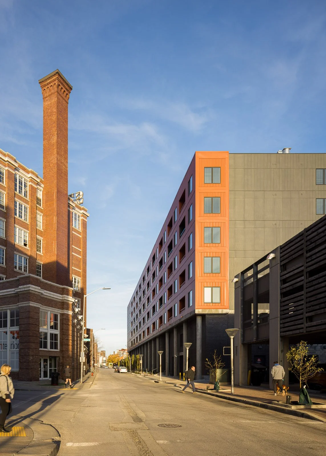 Exterior perspective of Tracks showcasing façade materials and geometry in architectural photography.