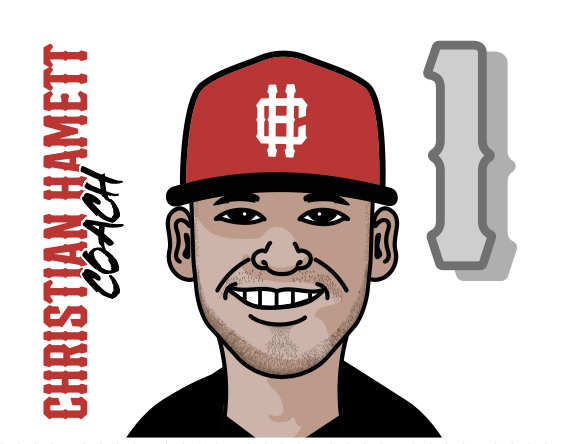 A cartoon illustration of a smiling man wearing a red baseball cap with a white dollar sign and a black jacket. Text reads 'Christian Hampton COACH' vertically on the left side, and a stylized gray number one icon on the right.