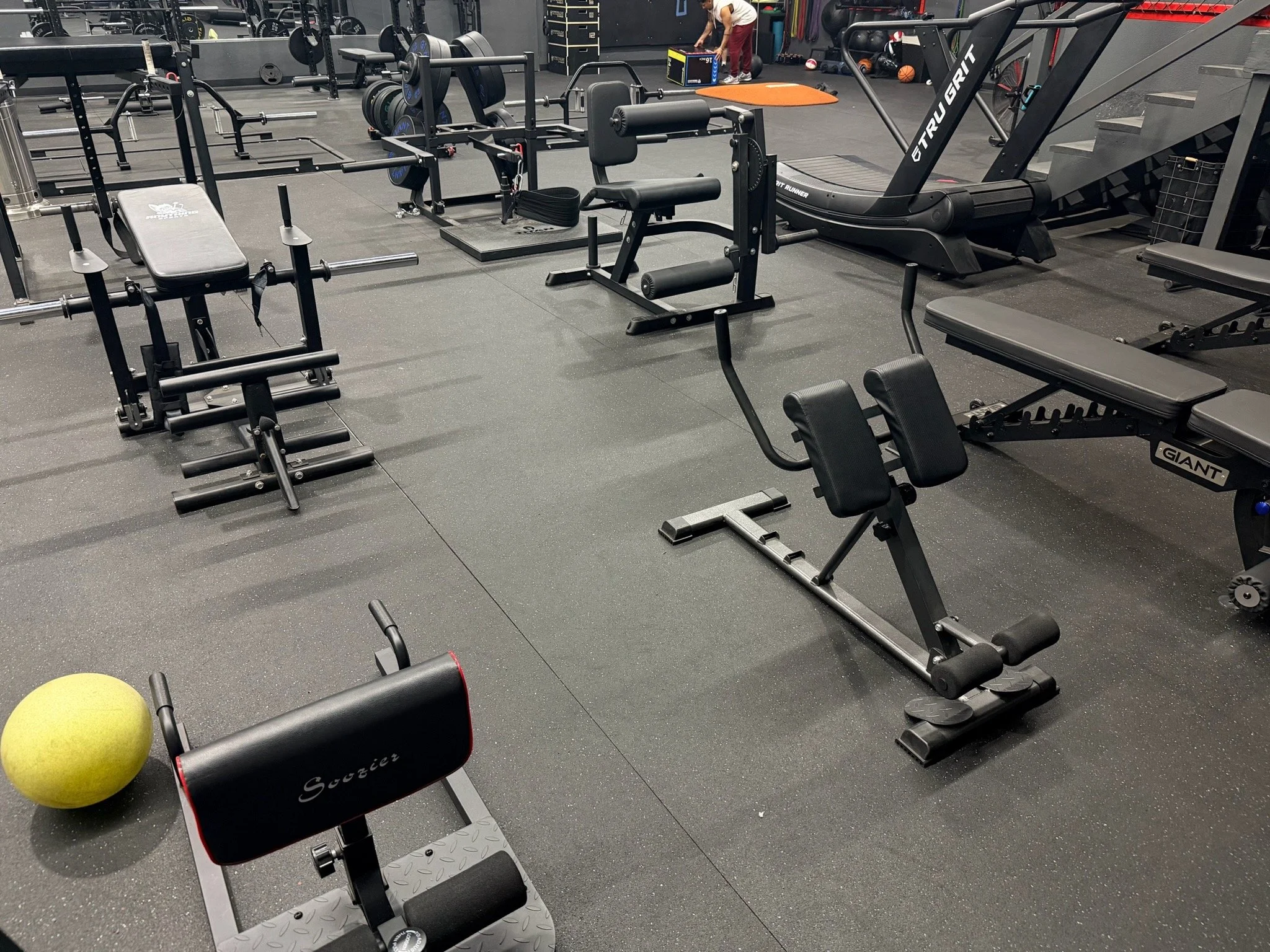 Empty gym with workout equipment including a yellow exercise ball, sit-up bench, cargo net with weight plates, rowing machine, and a treadmill.