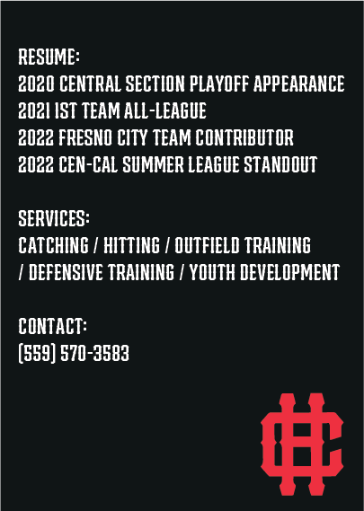 Text on a black background outlining sports accomplishments, services offered, and contact information, along with a red sports logo in the bottom right corner.