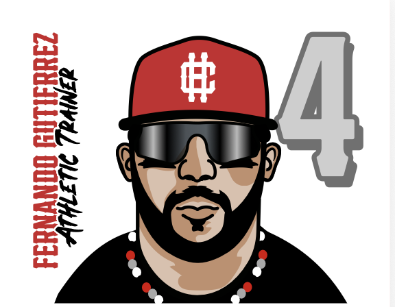 Cartoon illustration of a man wearing a red baseball cap with a white emblem, black sunglasses, a beard, and a black shirt with a red and white beaded necklace. The number four is in gray on the right side. Text on the left reads 'FERNANDO HERRERA' and 'ARQUEIC TRANSFER' in red and black.