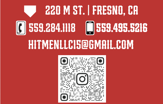 Red business card with white text displaying address, phone numbers, email, and a QR code for contact information.