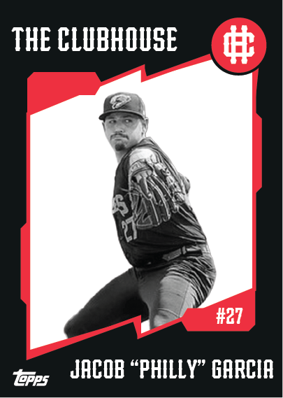 Sports trading card of Jacob 'Philly' Garcia, a baseball player wearing a baseball uniform and cap, with the number 27. The card features black and white photo and red, black, and white design elements, with the text 'The Clubhouse' and Topps logo.