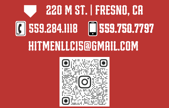 Red business card with contact information, including address in Fresno, CA, two phone numbers, an email address, and an Instagram QR code.