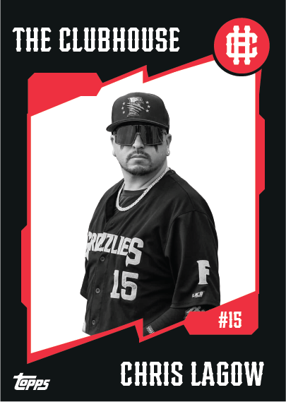 A baseball trading card featuring a man wearing sunglasses, a cap, and a chain, dressed in a black jersey with the number 15, titled 'The Clubhouse' and with the name Chris Lagow, #15, on the card. The card has a black, red, and white color scheme with a Topps logo.
