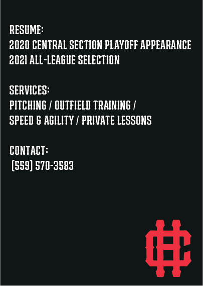 Black background with white text about a baseball player’s résumé, services, and contact info, and a red logo in the bottom right corner.