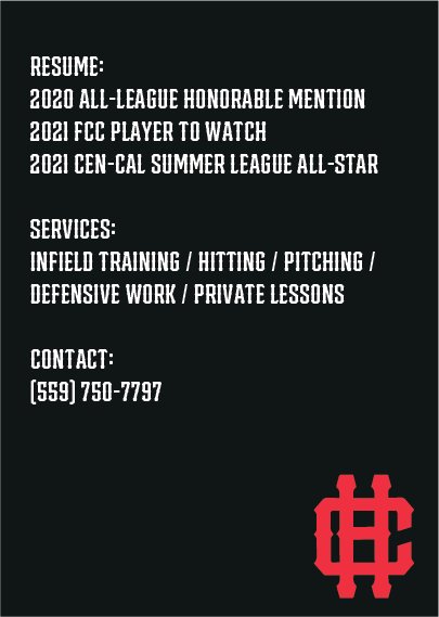 A black background with white text detailing a resume, services offered, and contact information, along with a red sports team logo in the bottom right corner.