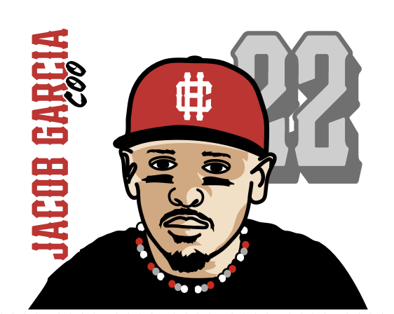 A cartoon illustration of a man wearing a red baseball cap with a white Bitcoin symbol, a black shirt, and a red, white, and gray beaded necklace. The background features the number 12 in gray and the text 'JARRARD GAHH COG' in red on the left side.