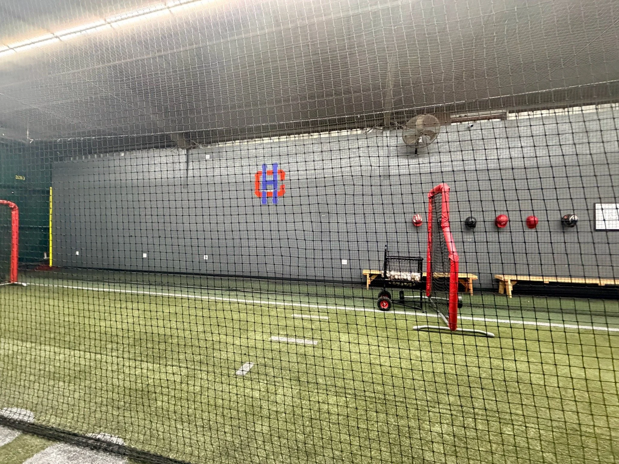 Indoor sports training area with a green artificial turf, a red hockey goal, padded wall with hooks and helmets, and a netted barrier.