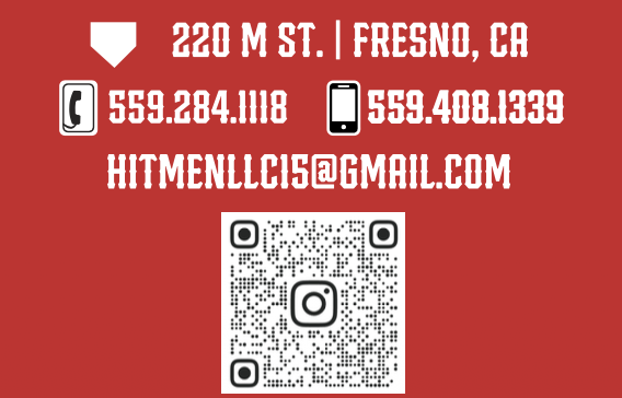 Business card with contact information, including address 220 M St., Fresno, CA, phone numbers 559-284-1118 and 559-408-1339, email hitmenllc15@gmail.com, and a QR code for Instagram. Background is red with white text and icons.