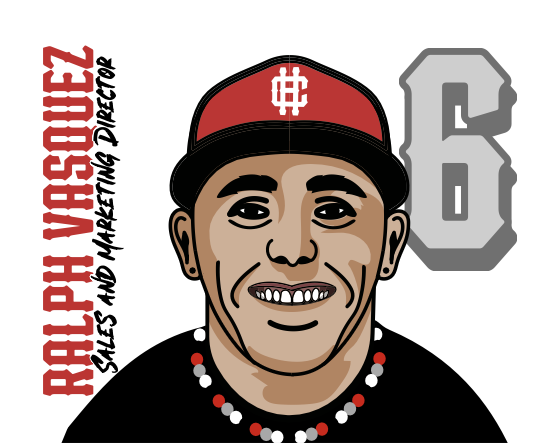 Illustration of a woman wearing a red cap with a black brim, necklace, and black shirt. Text on the left reads 'Ralph Vasquez Sales and Marketing Director' and the number 6 on the right.