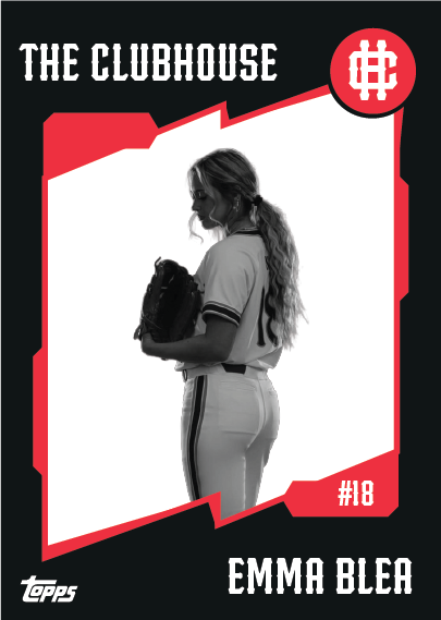 Black and white image of a female baseball player holding a glove, with a sports card design including the text 'The Clubhouse,' '#18,' 'Emma Blea,' and Topps logo.