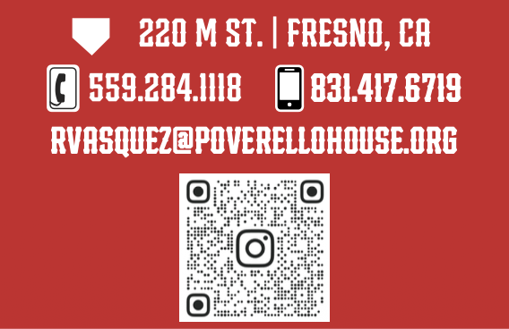 Contact information for 220 M St., Fresno, CA, including phone numbers, email, and a QR code for Instagram on a red background.
