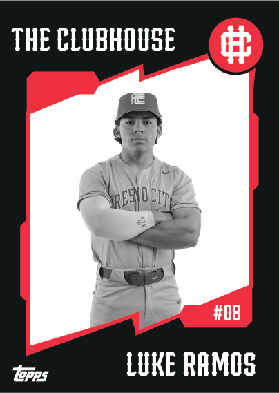 A baseball trading card of Luke Ramos in a Portland City uniform, with crossed arms, wearing a cap. The card is styled with red, black, and white colors, shows the number 08, and features the Topps and a circular logo in the top right corner.