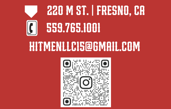 Red background business card with contact details, including address in Fresno, CA, phone number, email, and a QR code for Instagram.