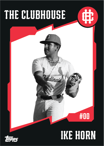 A baseball card featuring a player in a white jersey and cap, holding a baseball glove. The card is titled 'The Clubhouse' and has the name 'Ike Horn' with the number 00. It includes a red and black border, Topps logo, and a red emblem with a white letter overlay.