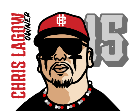 Illustration of a man wearing sunglasses, a red baseball cap, and a beaded necklace, with black streaks under his eyes, and the text "Rough Larry" and "Owner" beside him.