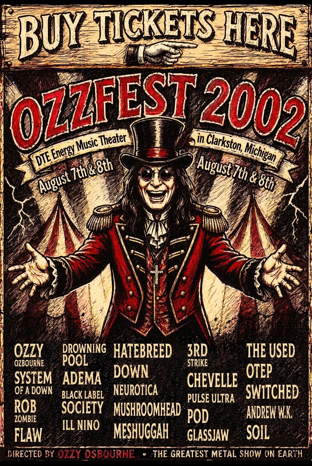 A vintage-style poster advertising the OZZFEST 2002 music festival at the DTE Energy Music Theater in Clarkston, Michigan, held on August 7th and 8th. The poster features Australian rock singer Ozzy Osbourne wearing a red military jacket and a top hat, with his arms open. The background shows tents and lightning, and the poster lists multiple bands performing at the event.