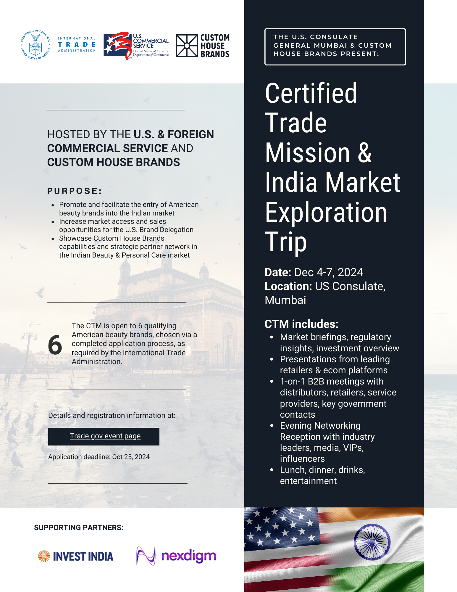 Flyer announcing a trade exploration trip to India from December 4-7, 2024, hosted by the U.S. and Foreign Commercial Service and Custom House Brands at the U.S. Consulate in Mumbai, including program details and supporting partners.