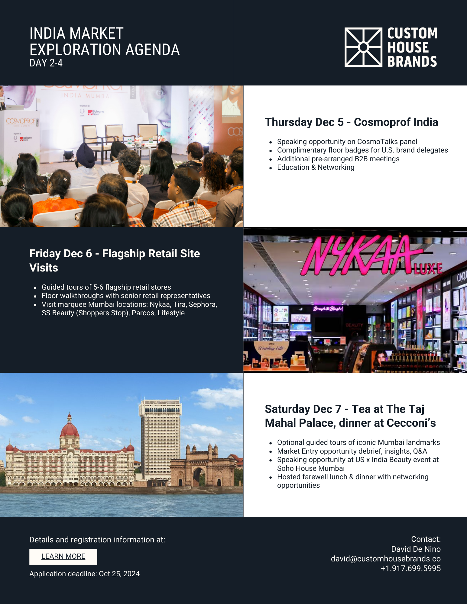 India market exploration agenda from December 2 to 4 with schedule for December 5 to 7, including events at Cosmoprof India, flagship retail site visits, and dinner at Taj Mahal Palace