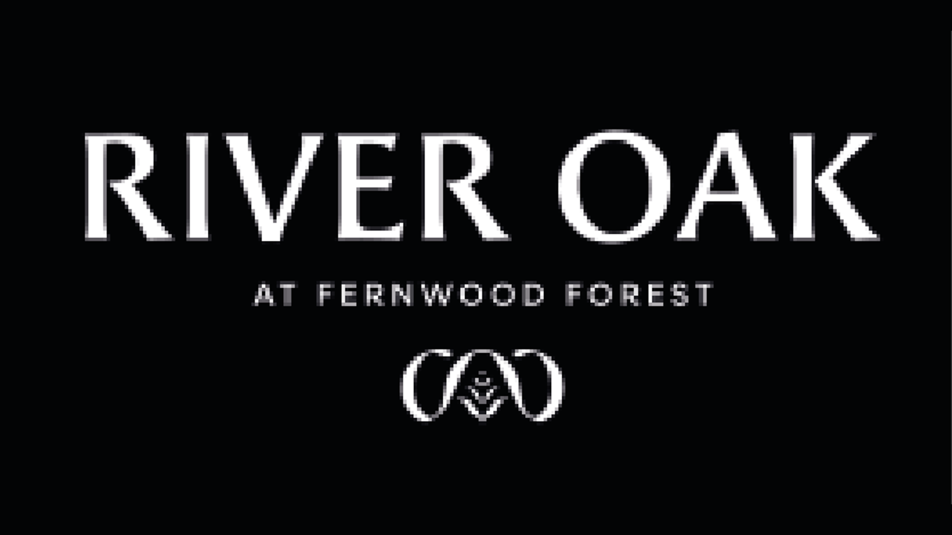 Logo for River Oak at Fernwood Forest, featuring stylized oak leaves and text in white on a black background.
