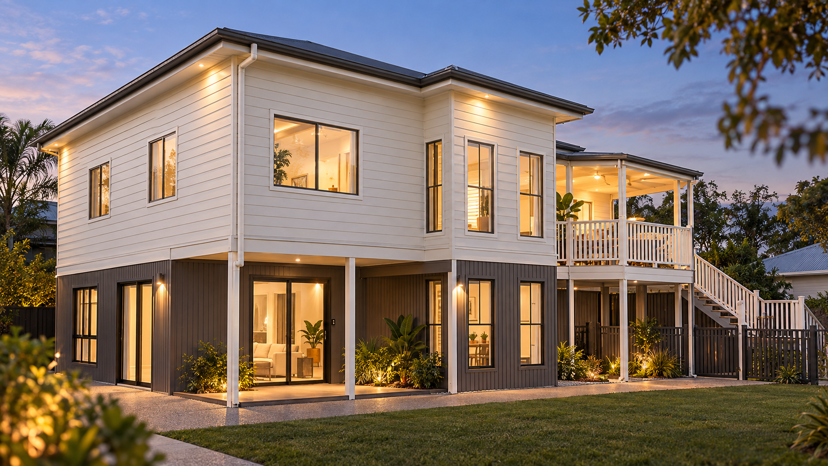 A two-story modern house with white and dark gray exterior, large windows, and a balcony illuminated at dusk, surrounded by landscaping and trees.