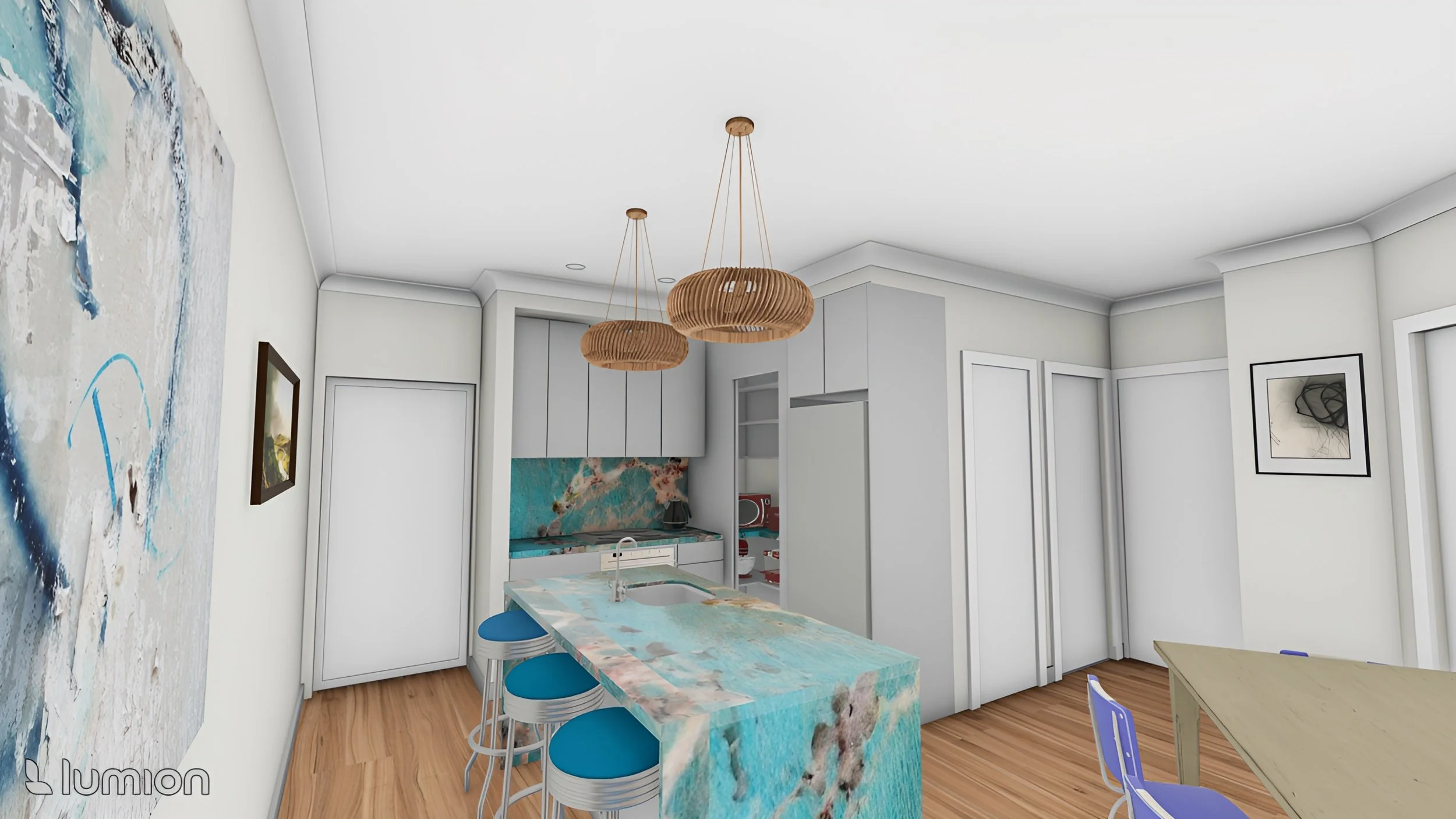 A modern kitchen with white cabinets, a marble island with blue and beige tones, two wooden pendant lights, a brown wooden table with blue and purple chairs, and artwork on the walls.