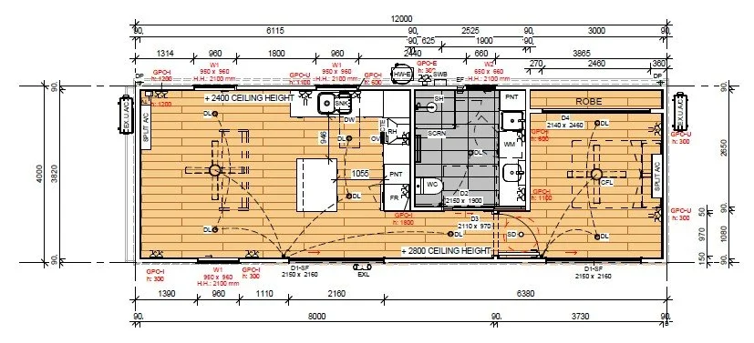 Floor plan of a house with labeled rooms, stairs, and measurements.