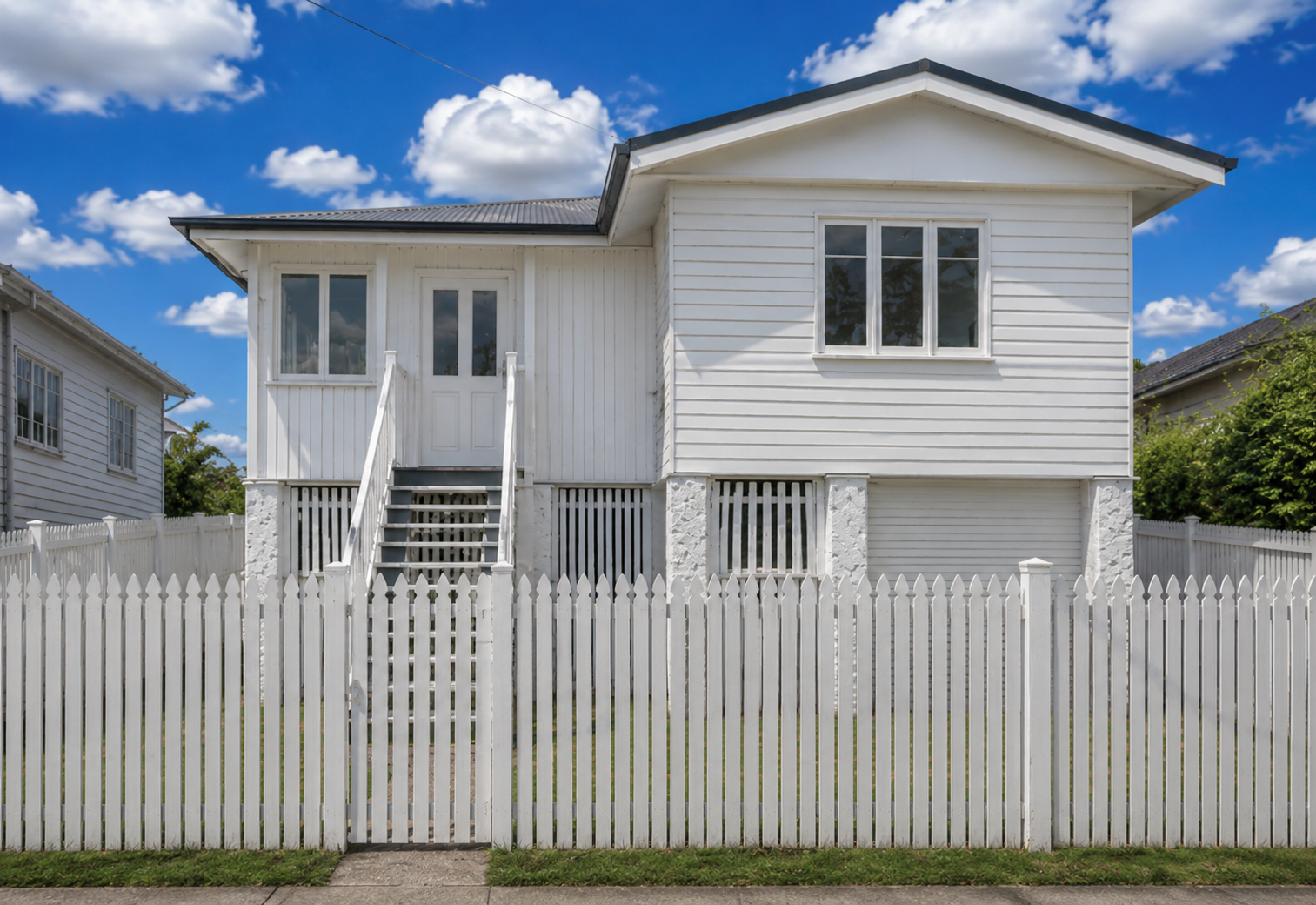 White two-story house with front steps, a white picket fence, and a driveway, under a blue sky with clouds.
