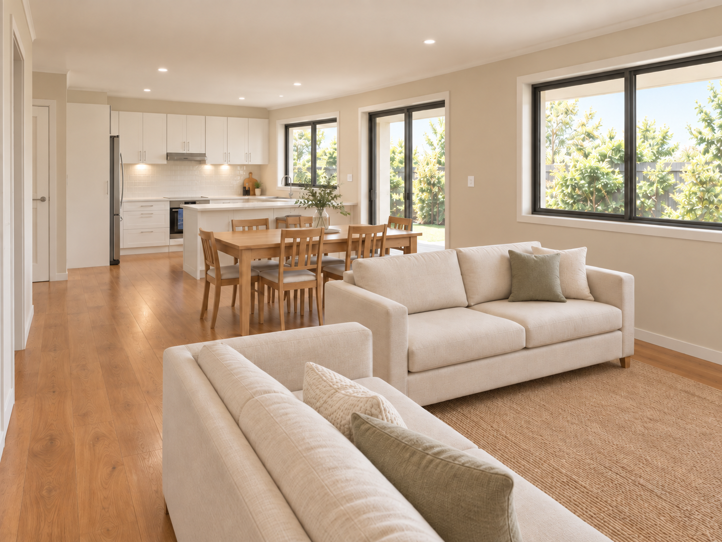 Open-concept living room and kitchen with light-colored furniture, wooden dining table, large windows, and sliding glass door to the backyard.