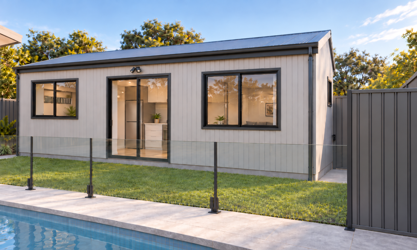 Modern backyard house with large windows and a sliding glass door, enclosed by a glass pool fence, on a grassy lawn with a swimming pool in the foreground and trees in the background.