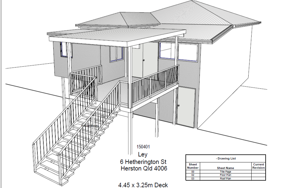 3D architectural drawing of a two-story residential house with a deck, stairs, and railings, showing front and side views.