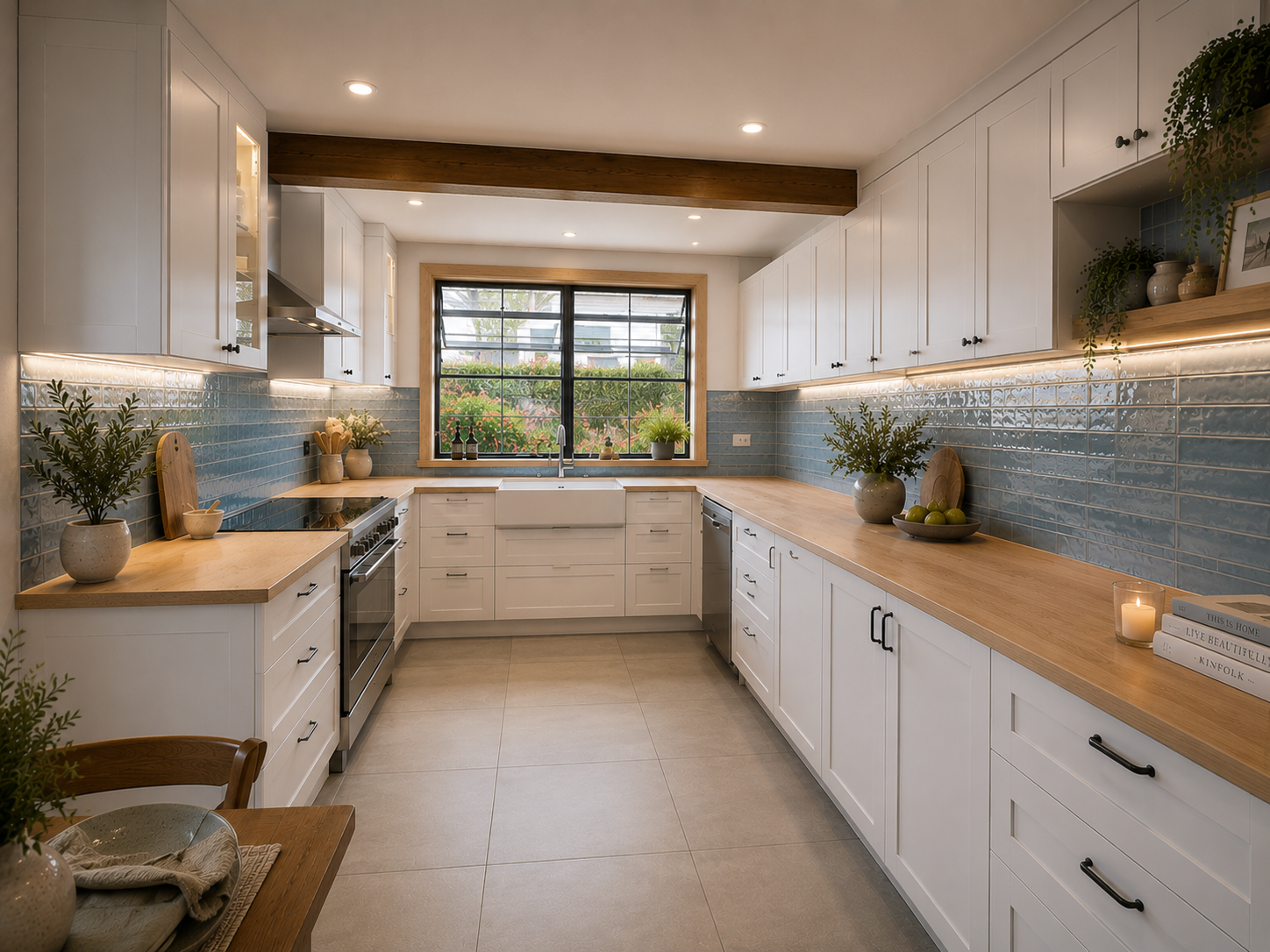 Modern kitchen with white cabinets, wooden countertops, blue tiled backsplash, and a large window overlooking a garden.