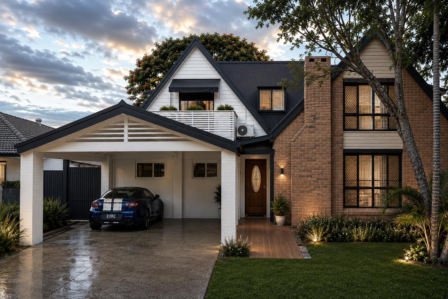 Modern house with brick and white siding, attached carport with a black sports car, surrounded by landscaped greenery under cloudy sky at dusk.