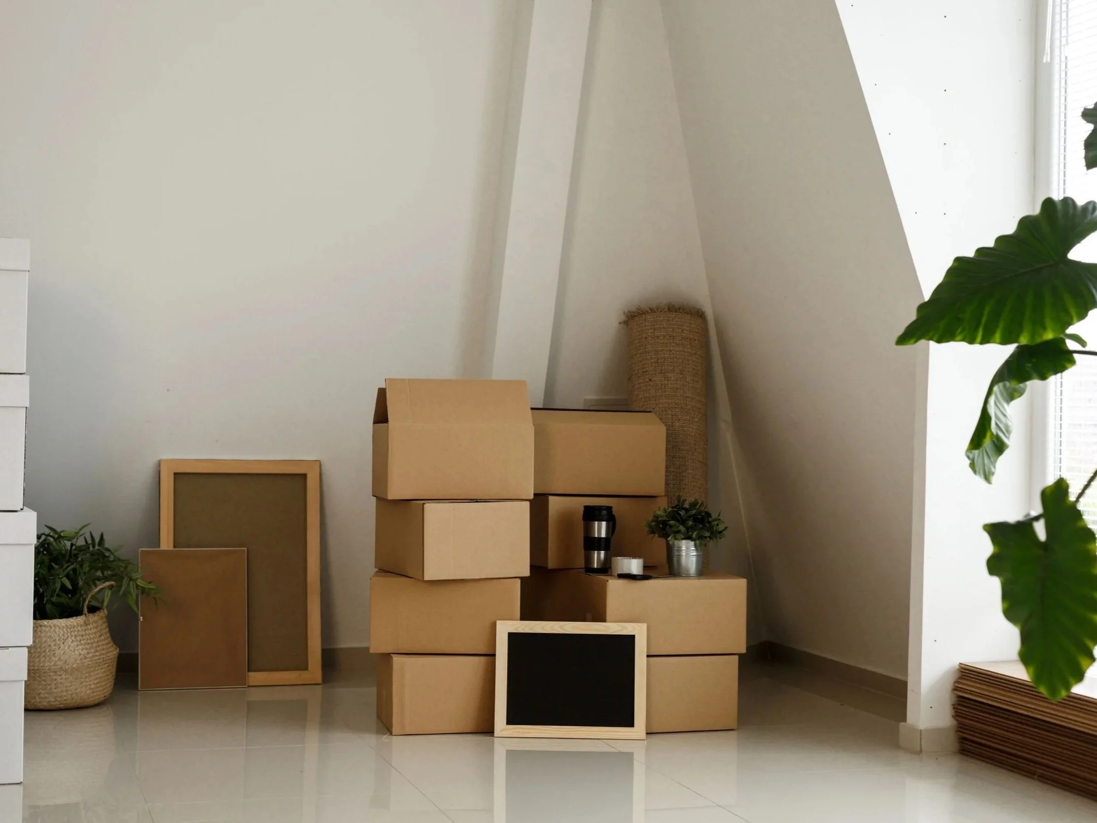 Stacked cardboard boxes in a corner of a room with plants and picture frames leaning against the wall.