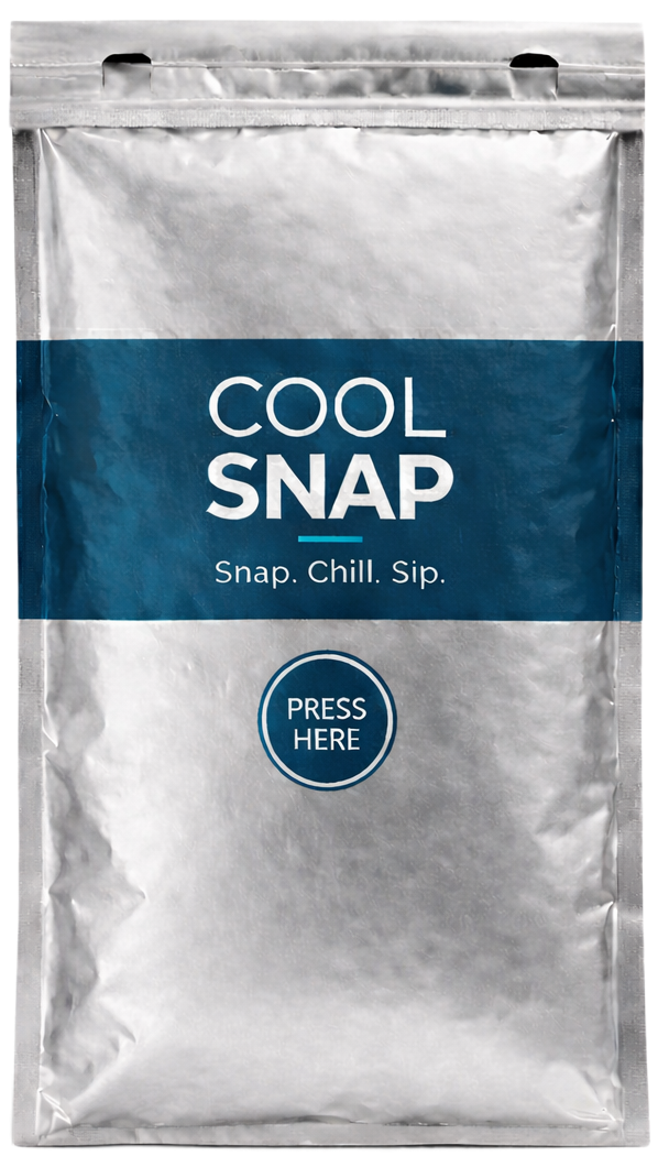 Silver packaging with a blue label that reads "COOL SNAP," "Snap. Chill. Sip," and has a circular button that says "PRESS HERE."