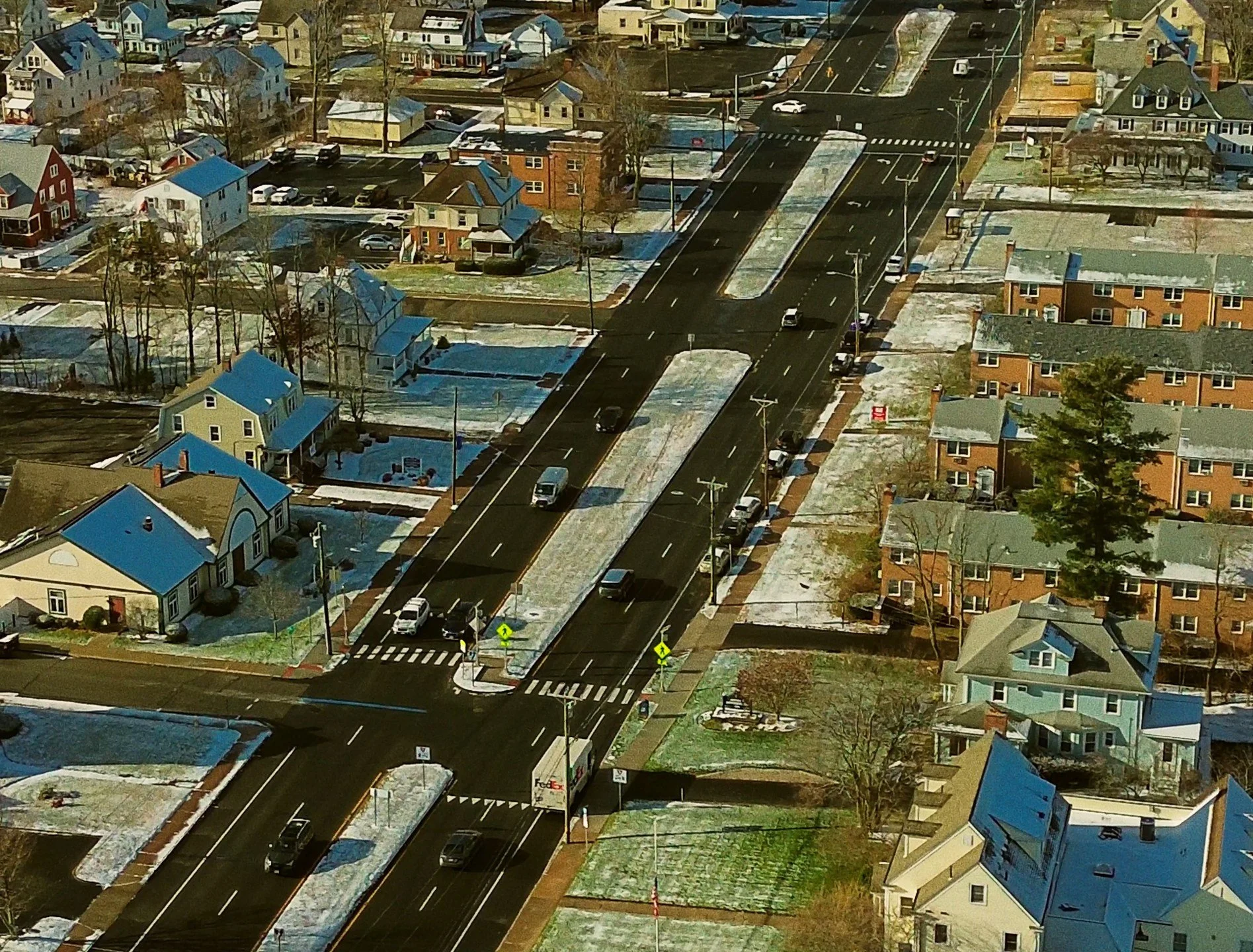 A screenshot from an edited video using my drone getting an overview shot of a town in Connecticut