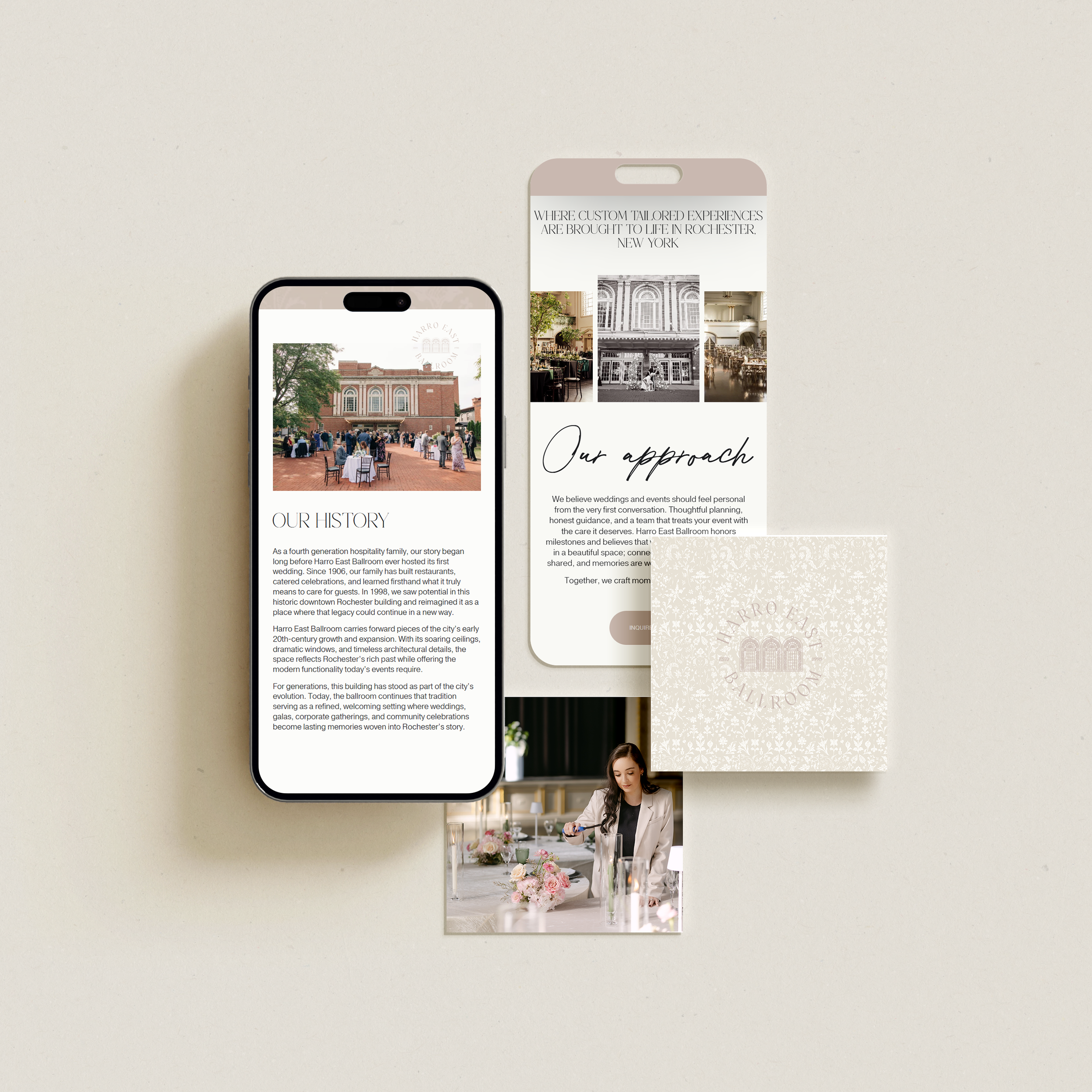 Wedding venue marketing materials with a smartphone and printed brochures, featuring images of a historic ballroom, a wedding reception, and a woman preparing flowers.