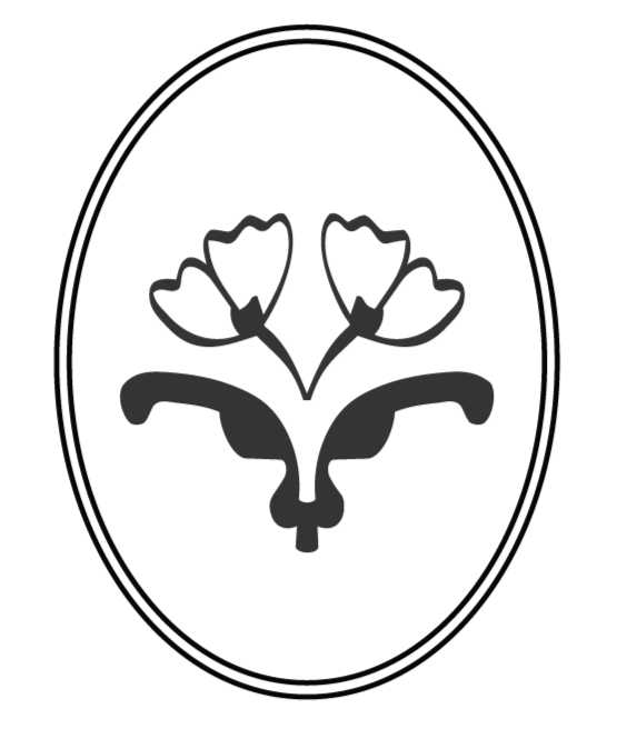 A black background with a gray line drawing of a vase with three tulips inside an oval outline.