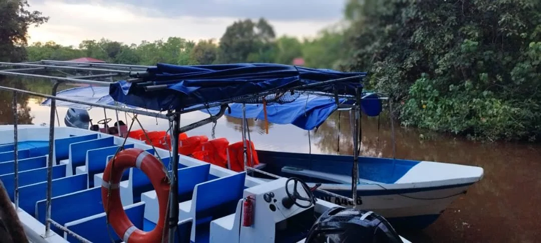 A boat with blue and white sections on a calm river, surrounded by green trees, with a blue canopy and red life jackets inside.