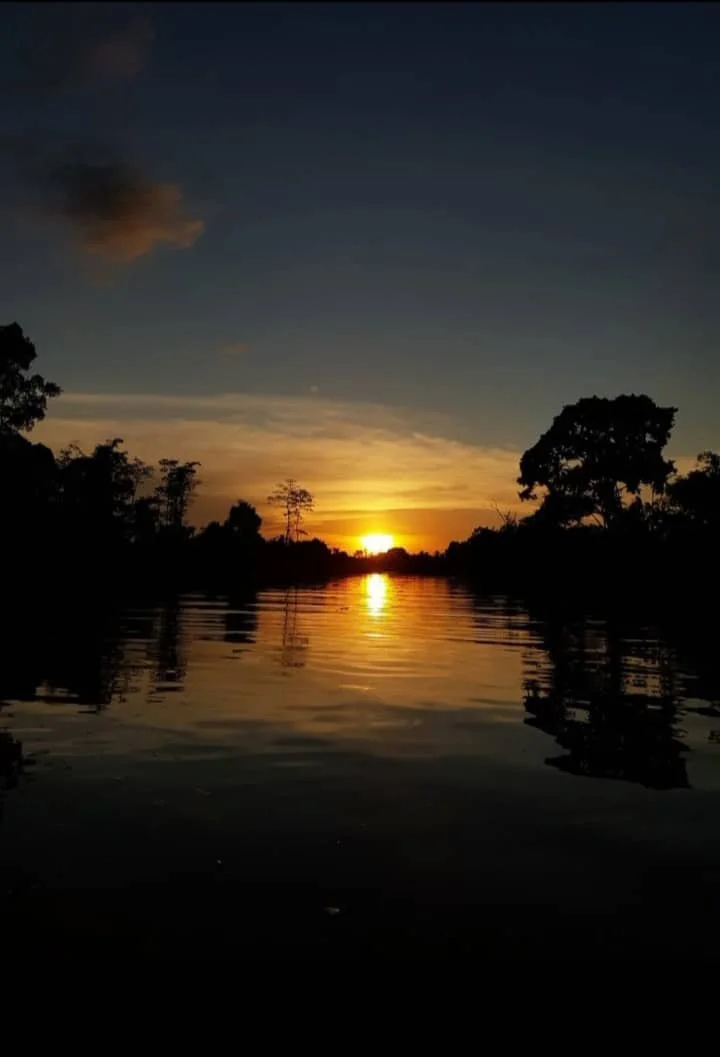Sunset over a river with silhouetted trees on both sides, calm water reflecting the sunset and darkening sky.